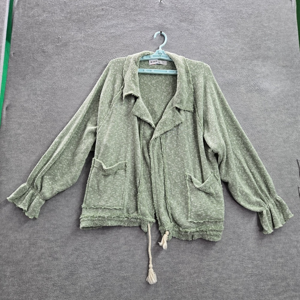 FP‎ Beach Women Jacket M Green Mara Cardi Tasseled Terry Collared  Open Front